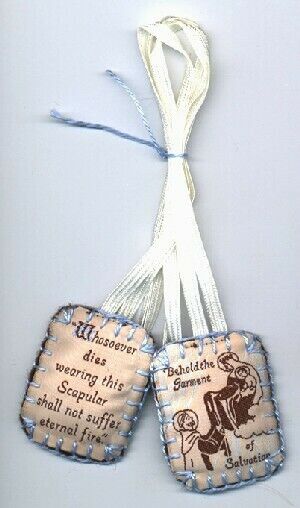 Carmelite Brown Scapular, Handmade, Blue Embroidered Edge, White Strings
