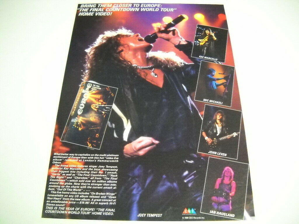 Europe Featuring Joey Tempest Original 1988 Music Biz Promo Display Advert Mint