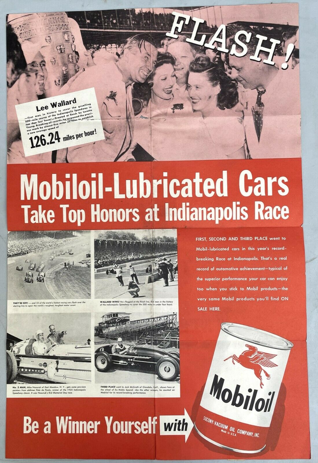 Old Original Mobil Oil Poster 1951 Indy 500 Lee Wallard  Very Rare