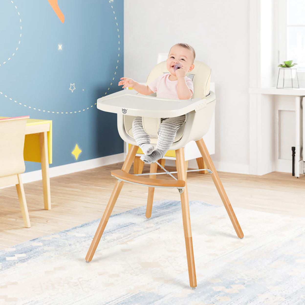 Babyjoy 3 In 1 Convertible Wooden High Chair Baby Toddler Highchair W/ Cushion
