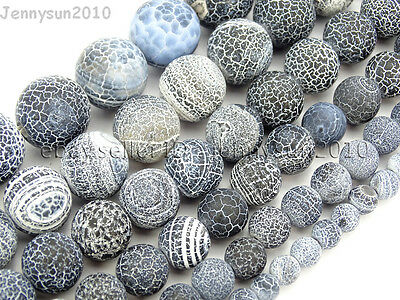 Matte Frosted Black Fire Crackle Agate Gemstones Round Beads 15" 6mm 8mm 10mm
