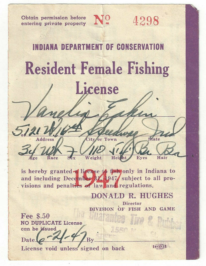 Old 1947 Female Fishing License Vanelia Eakin "speedway Indiana" Very Rare