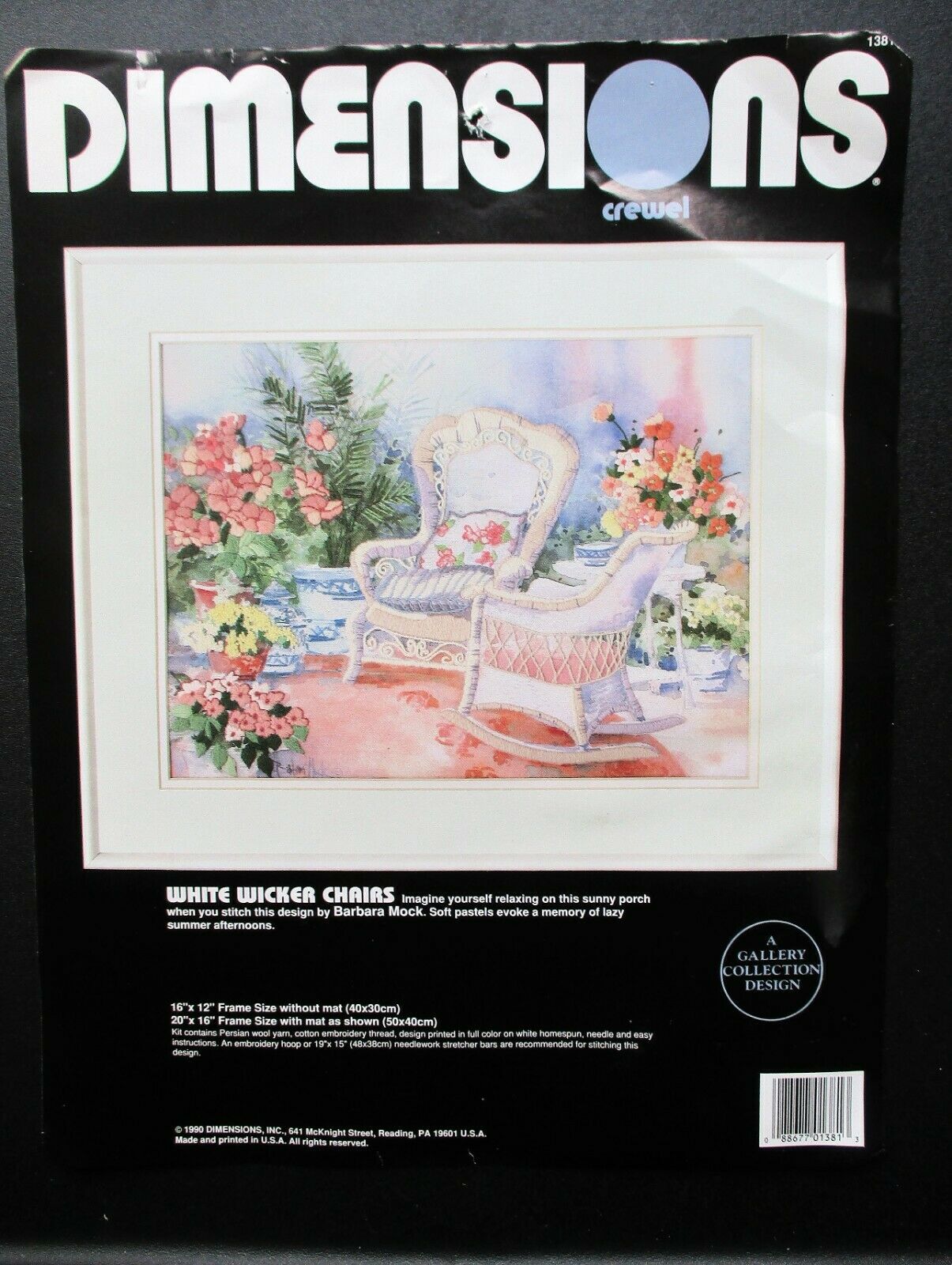 1990 White Wicker Chairs  Crewel Embroidery Kit  (embellished)  16" X 12"